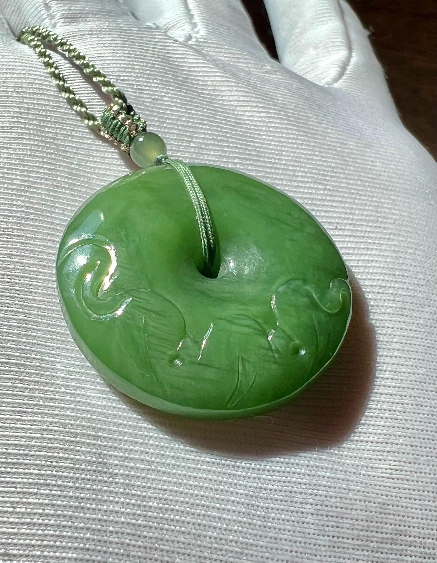 Certified natural nephrite green jade/Siberian green nephrite donut pendant/circle safety pendant/carved lotus flower 天然碧玉 平安扣 雕刻荷花吊坠 #7430 粉绿起莹光
