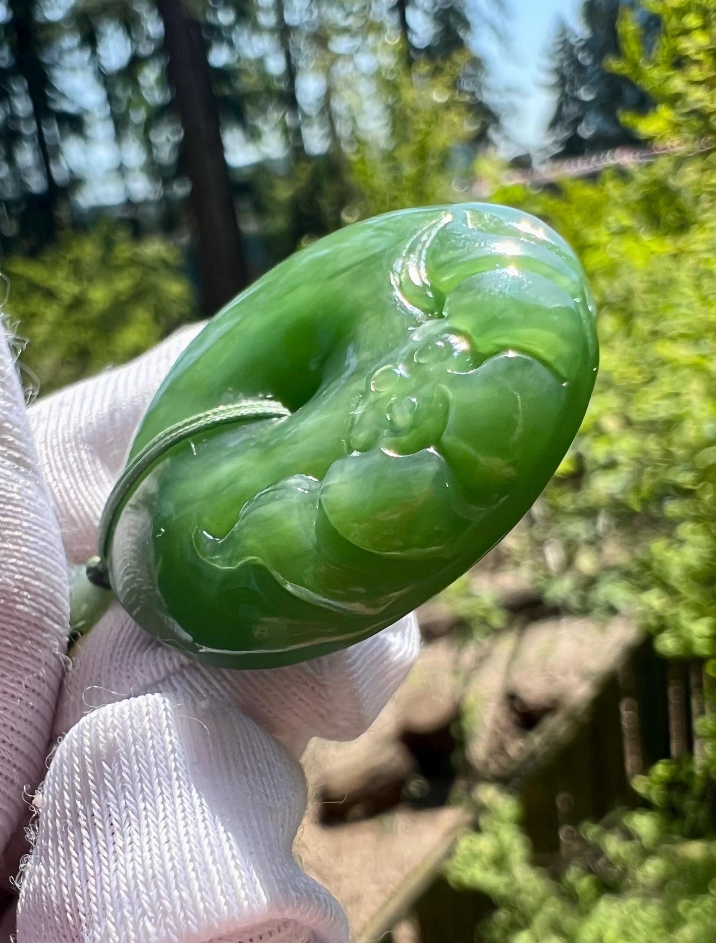 Certified natural nephrite green jade/Siberian green nephrite donut pendant/circle safety pendant/carved lotus flower 天然碧玉 平安扣 雕刻荷花吊坠 #7430 粉绿起莹光