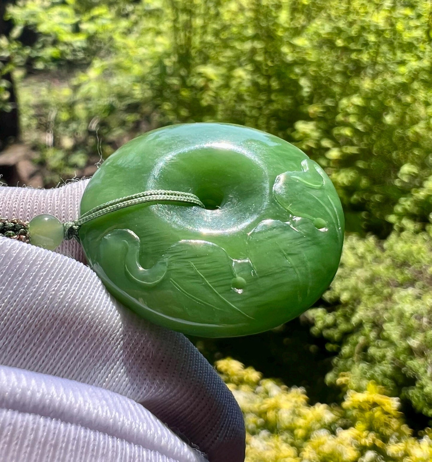 Certified natural nephrite green jade/Siberian green nephrite donut pendant/circle safety pendant/carved lotus flower 天然碧玉 平安扣 雕刻荷花吊坠 #7430 粉绿起莹光
