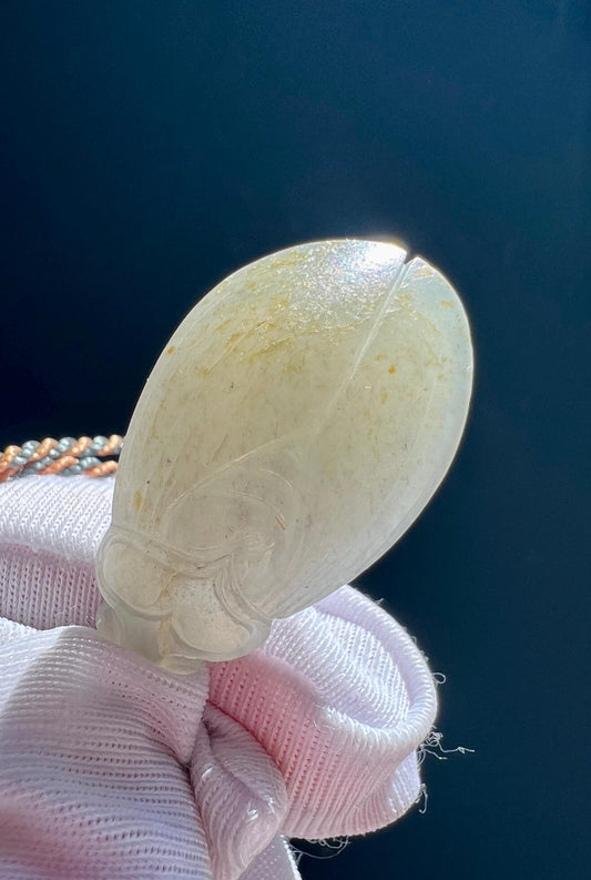Certified natural jade/ Nephrite carved Cicada pendant/natural light golden skin/ 天然软玉 金蝉吊坠 #5069 洒金