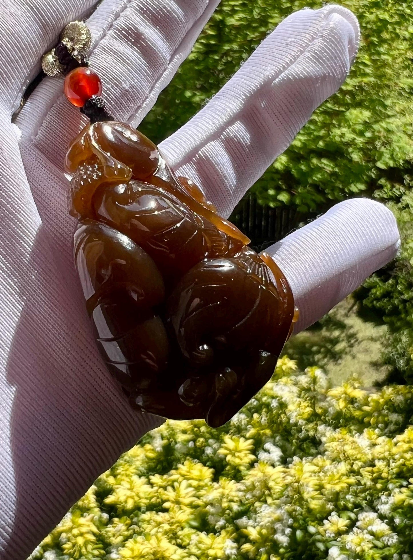 Certified natural jade/ Golden red brown Nephrite carved Monkey and peach pendant/天然精品金山老糖玉 黄金红油糖 吊坠 手把件#0623 灵猴献寿