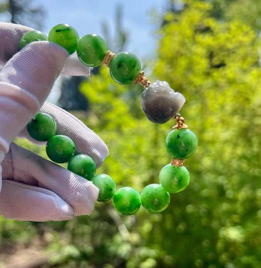 12mm Certified natural nephrite green jade/apple green nephrite bracelet/purple nephrite Lion /天然碧玉手串 翠色果绿 冰紫醒狮 #6897
