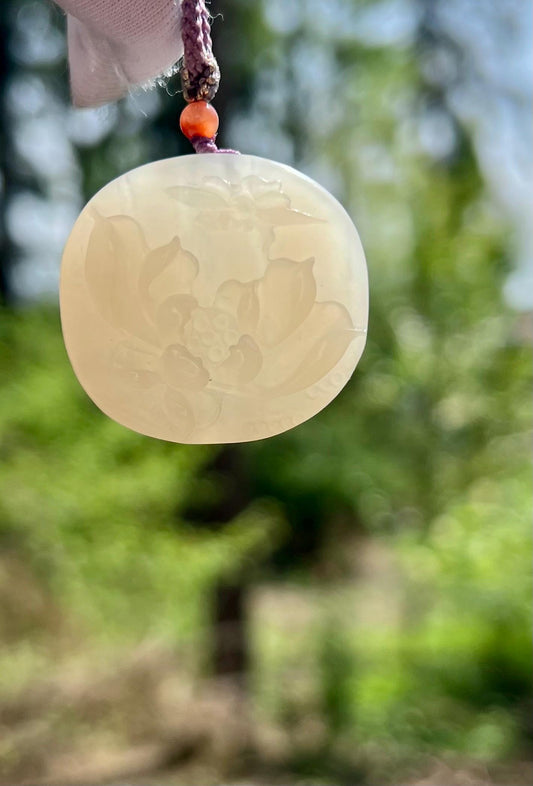 Certified Natural jade/lotus root pink nephrite pendant necklace/ hand Carved lotus safety pendant /天然软玉 藕粉 雕刻荷花吊坠 无事牌#4369
