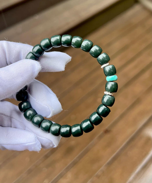 8*7mm Certified natural jade / dark green nephrite Bracelet/straight cut beads天然精品 格尔木黑青玉直切手串 油性极佳 特细料#2178