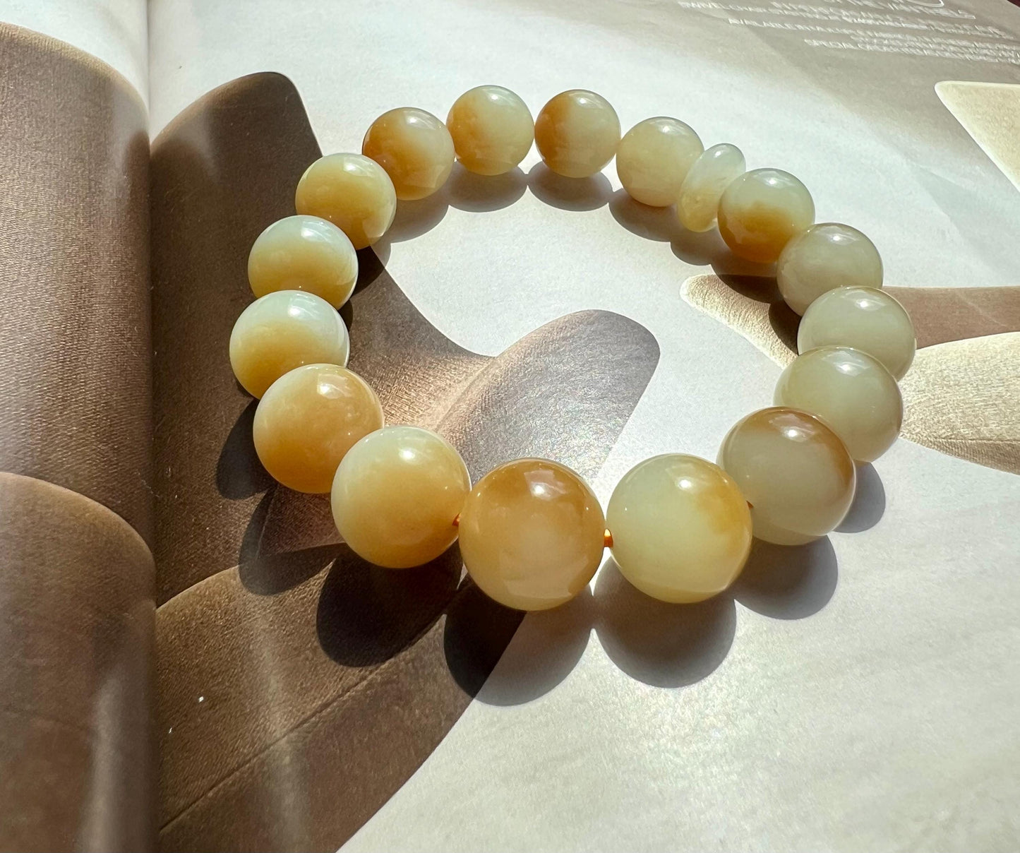 12mm Certified natural brown white nephrite bracelet/Qiemo white and golden yellow brown color天然精品糖白玉手串 黄金糖白玉手串 #7242 聚宝盆 一口糖