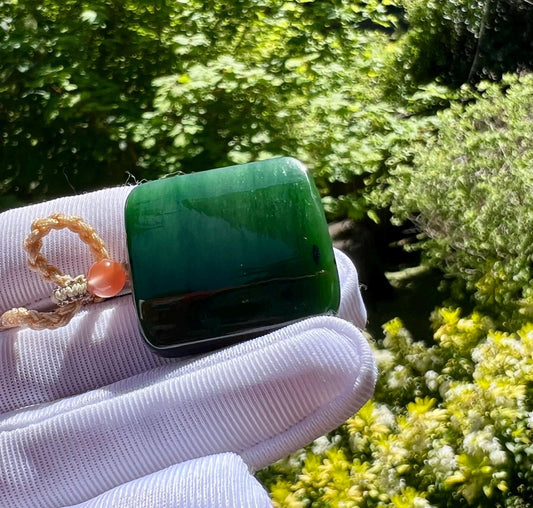 Certified natural nephrite green jade/green nephrite safety square pendant  necklace天然 碧玉 菠菜绿 吊坠 无事牌 手工绳项链  #0276