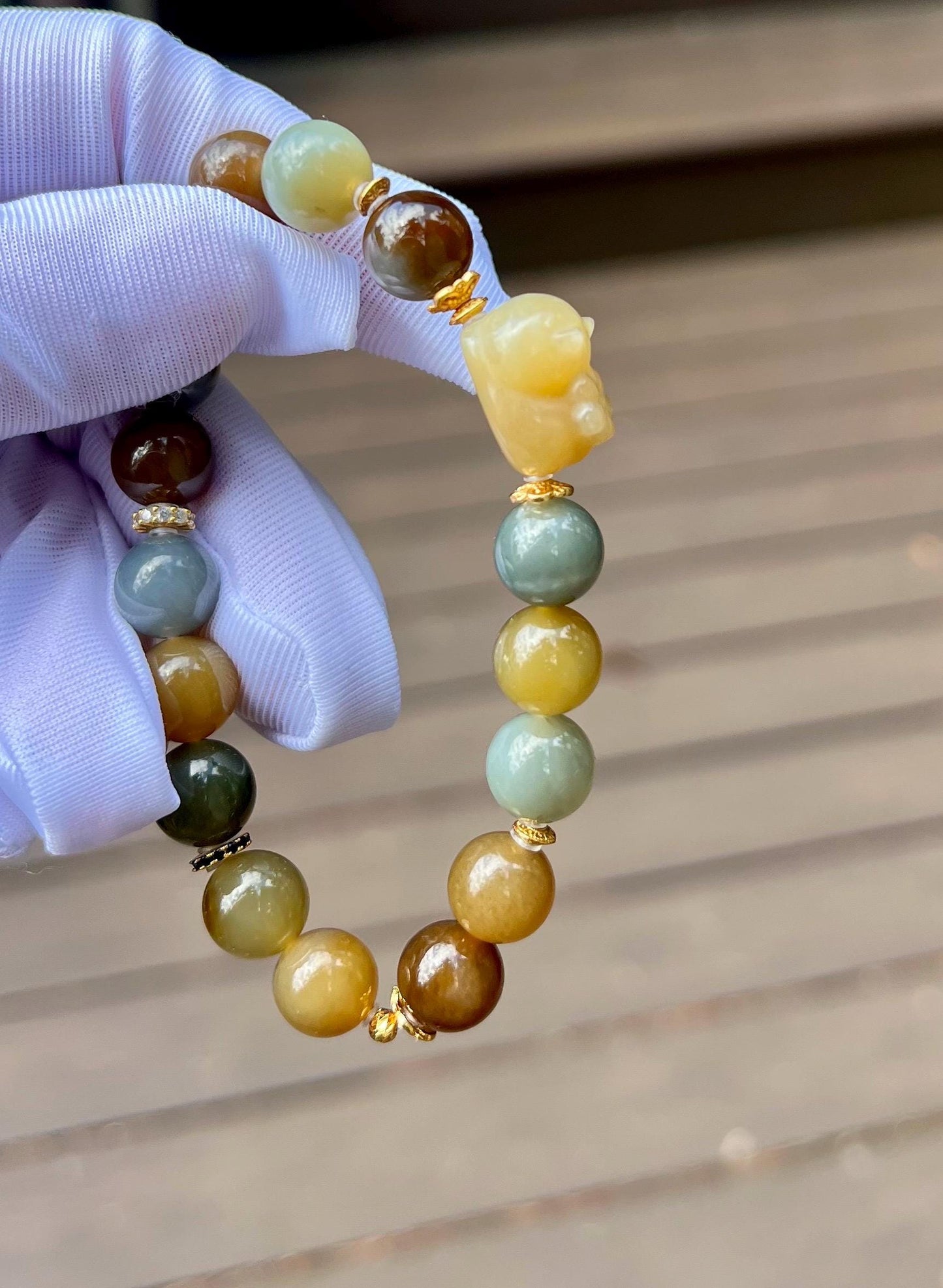 10mm Certified natural jade /Brown Qinghua blue multi color nephrite bracelet天然楼兰三色手串 糖玉青花蓝青玉 油熟细糯#7170 搭配糖白趴趴猫