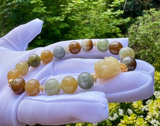 10mm Certified natural jade /Brown Qinghua blue multi color nephrite bracelet天然楼兰三色手串 糖玉青花蓝青玉 油熟细糯#7170 搭配糖白趴趴猫