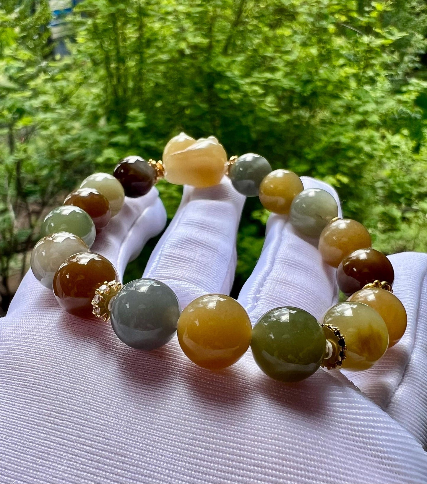 10mm Certified natural jade /Brown Qinghua blue multi color nephrite bracelet天然楼兰三色手串 糖玉青花蓝青玉 油熟细糯#7170 搭配糖白趴趴猫