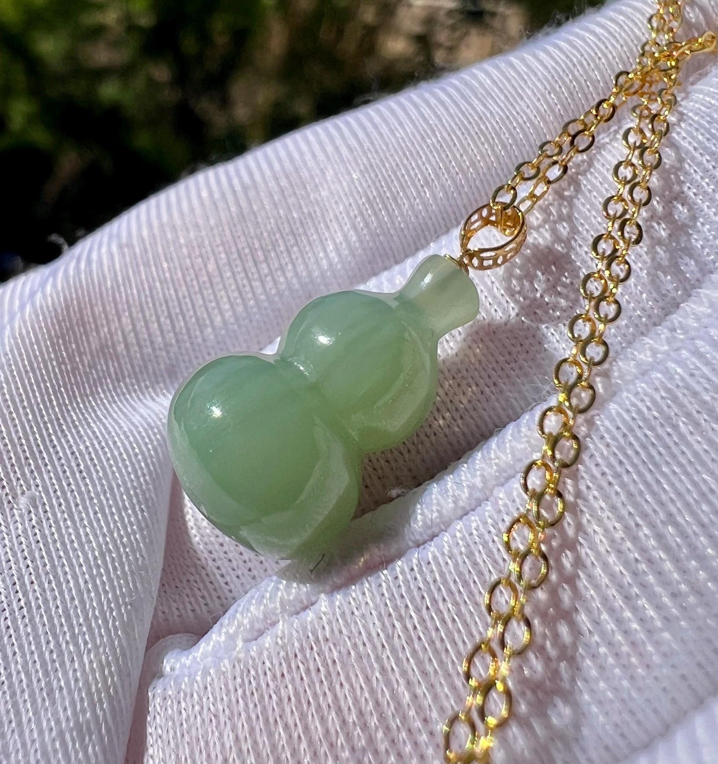 Certified natural nephrite green jade/light bluish green nephrite/carving gourd pendant necklace天然碧玉 粉青起莹光 葫芦吊坠项链18k金扣头#1727