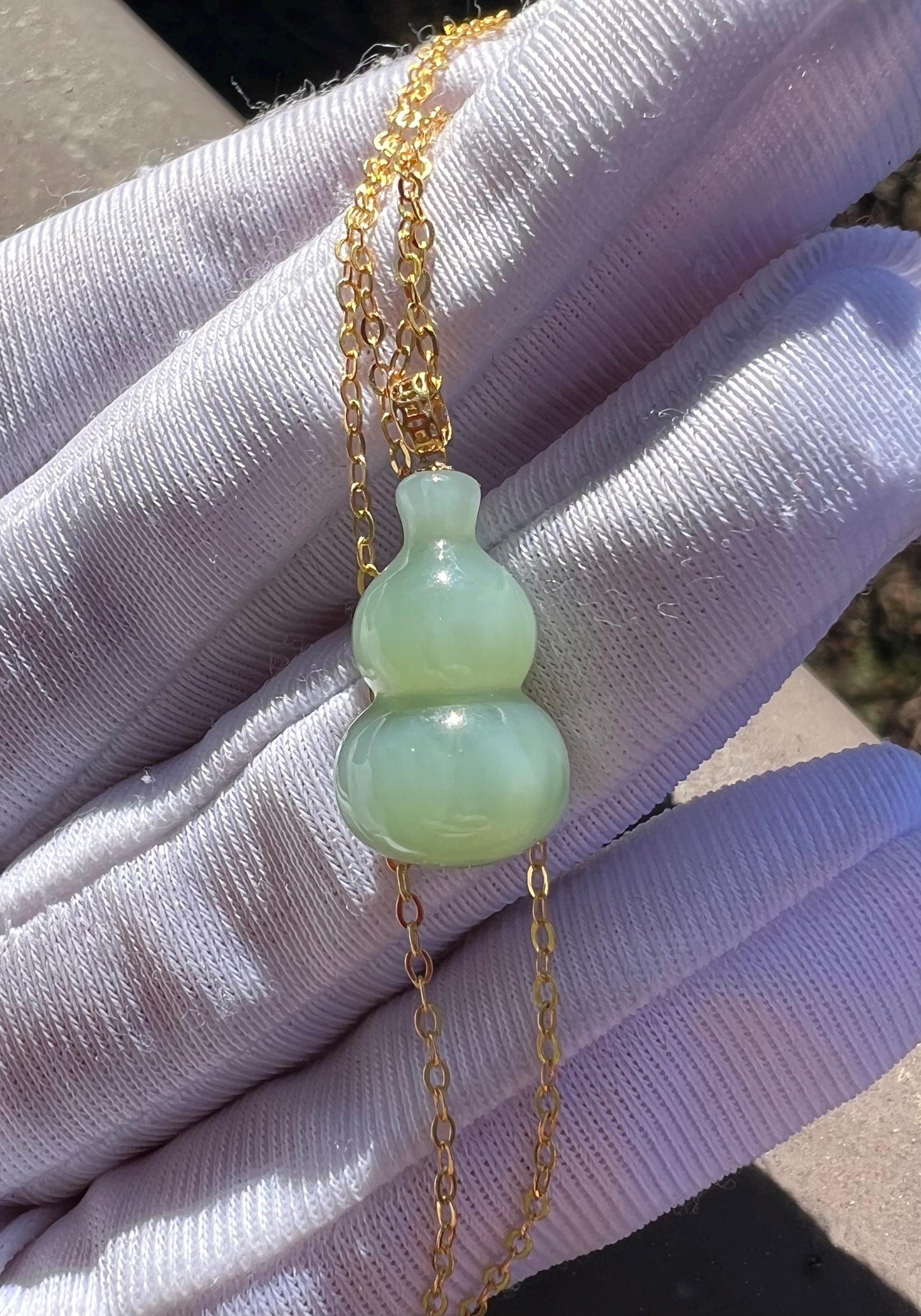 Certified natural nephrite green jade/light bluish green nephrite/carving gourd pendant necklace天然碧玉 粉青起莹光 葫芦吊坠项链18k金扣头#1727