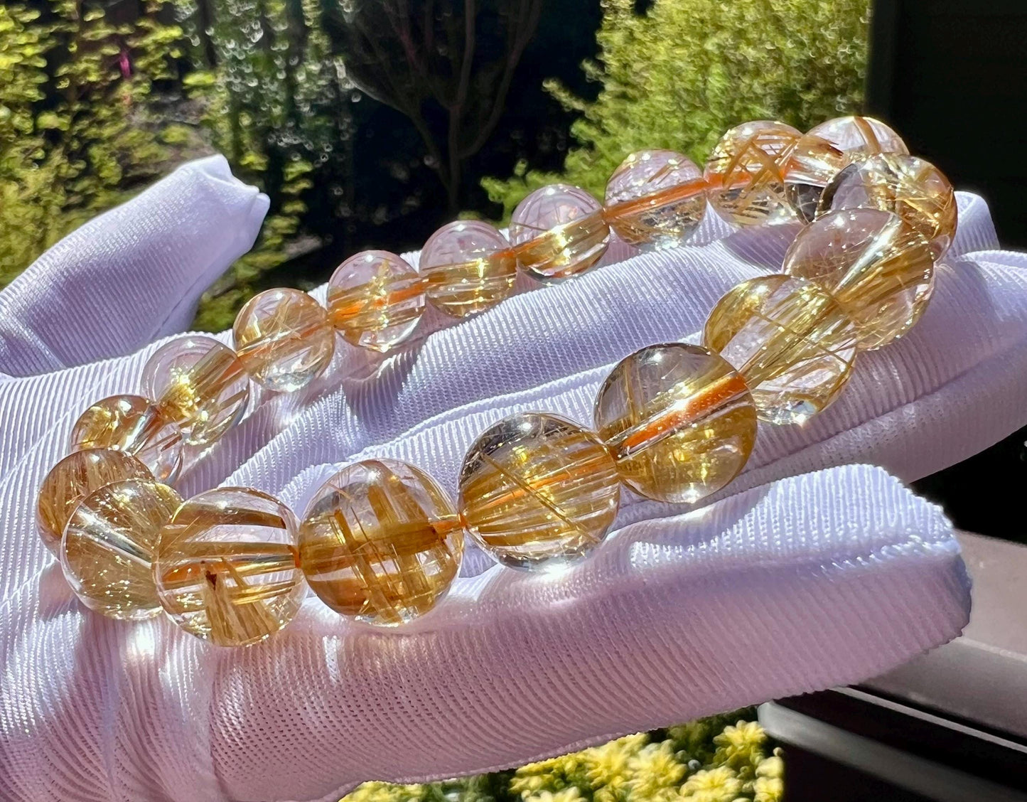 11mm+ Natural golden rutilated quartz bracelet, Golden Chatoyant Rutilated Quartz, 收藏品质 天然 玻璃体 板钛 猫眼金发晶/金钛晶手串#8489 金色纯正