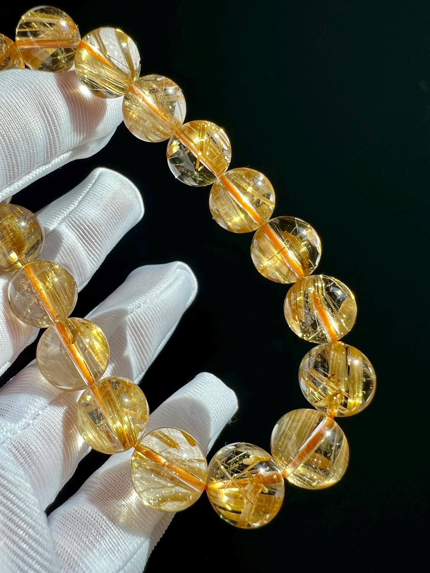11mm+ Natural golden rutilated quartz bracelet, Golden Chatoyant Rutilated Quartz, 收藏品质 天然 玻璃体 板钛 猫眼金发晶/金钛晶手串#8489 金色纯正