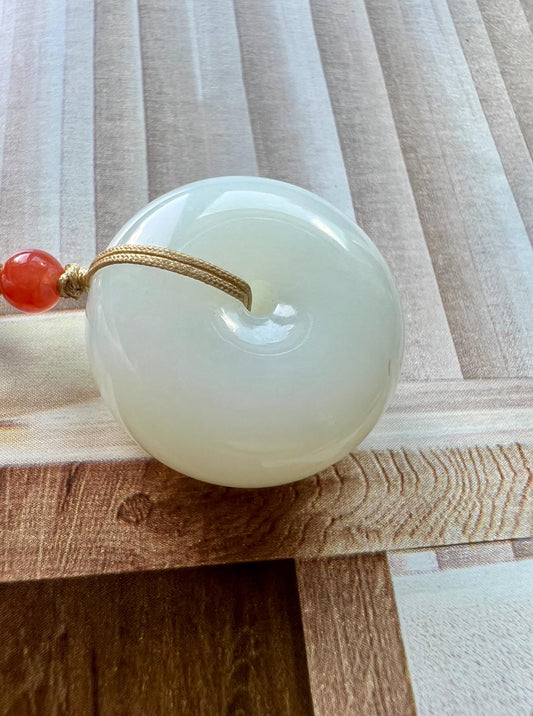 Certified natural jade/Siberian White Nephrite donut pendant/circle safety pendant necklace 天然软玉 白玉 平安扣 吊坠  项链 #6813 亮白细润 小尺寸