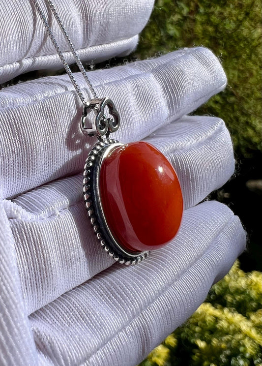 Certified natural Nanhong agate, Southern Red agate pendant ,Chinese Red agate sterling silver necklace 天然精品川料南红蛋面纯银吊坠 项链#0288 满色柿子红