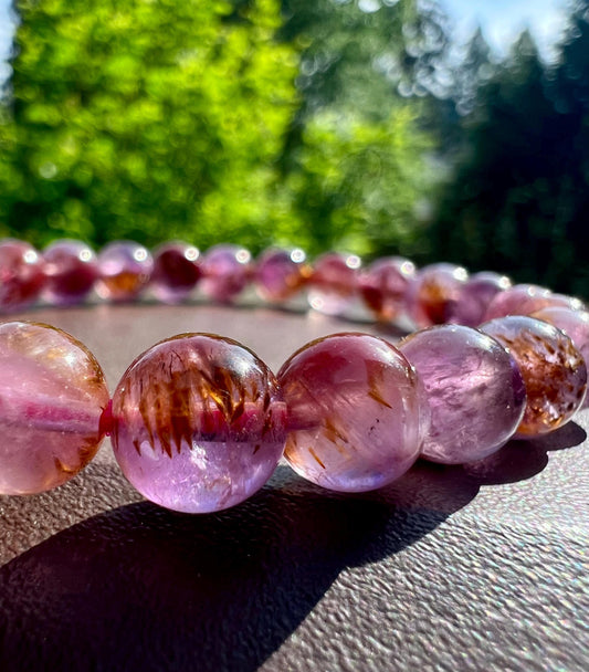 7.5～7.8mm Certified natural Auralite 23 beads bracelet, purple gold red /good clarity 天然精品极光23手串 紫金红三色水晶  晶体冰润干净#8494