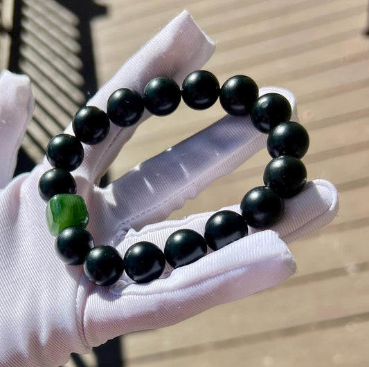 12mm Certified natural jade/black green nephrite bracelet/dark river nephrite/with green nephrite cube bead天然精品黑青玉手串 #7726 细度好油性极佳 搭配碧玉方糖