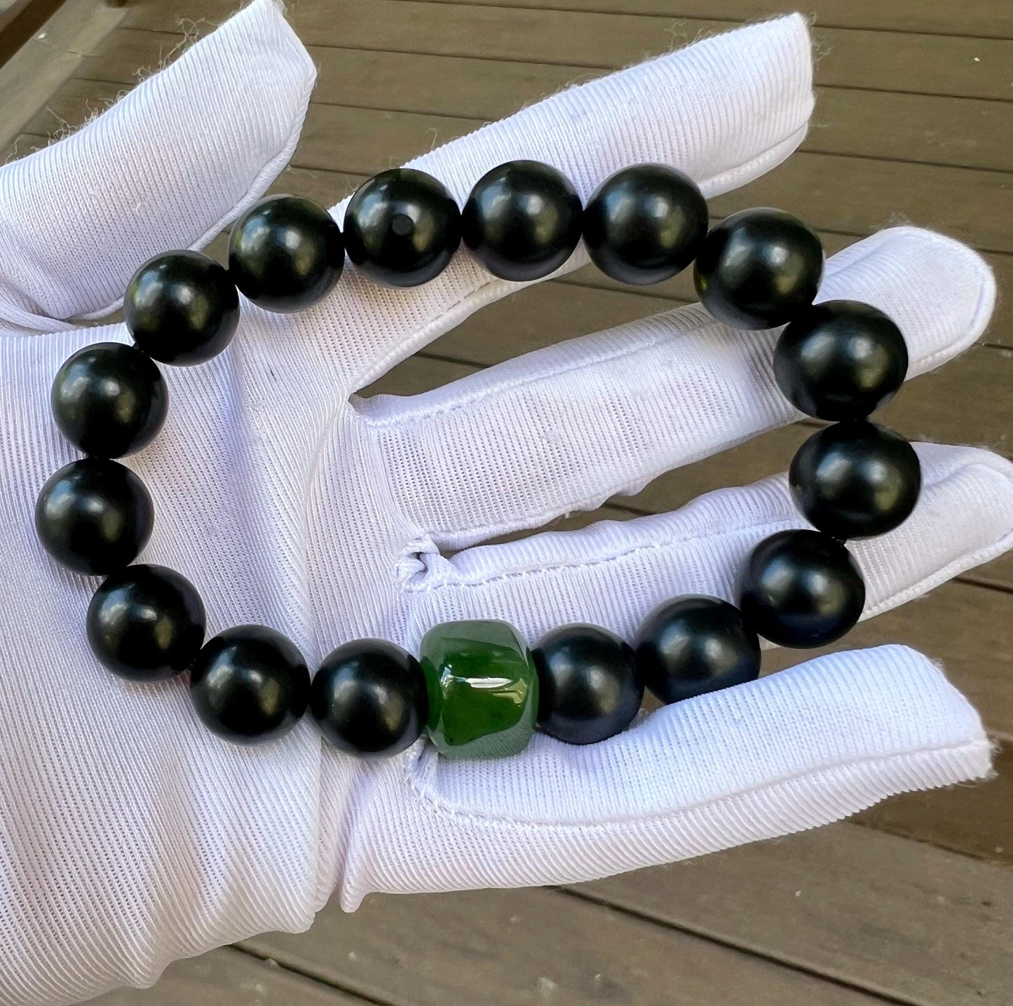 12mm Certified natural jade/black green nephrite bracelet/dark river nephrite/with green nephrite cube bead天然精品黑青玉手串 #7726 细度好油性极佳 搭配碧玉方糖