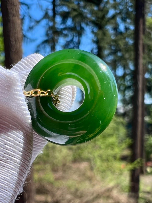 Certified natural nephrite green jade/ green  Nephrite donut pendant/circle safety pendant/ S925 天然碧玉 辣绿菠菜绿 甜甜圈 平安环  #3524
