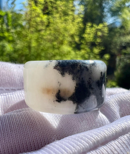 16.9mm Certified natural jade/ black and White nephrite ring/Qinghua nephrite band ring 天然软玉 水墨青花 戒圈 指环 扳指#4218 沁糖色 三色分明 US size 5.5+