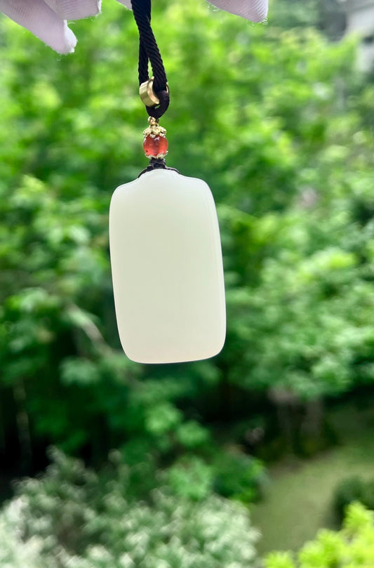 Certified natural jade/Siberian mutton fat white nephrite rectangle pendant/safety pendant necklace天然精品 白玉无事牌 吊坠 #2828 白细油糯 年糕老料