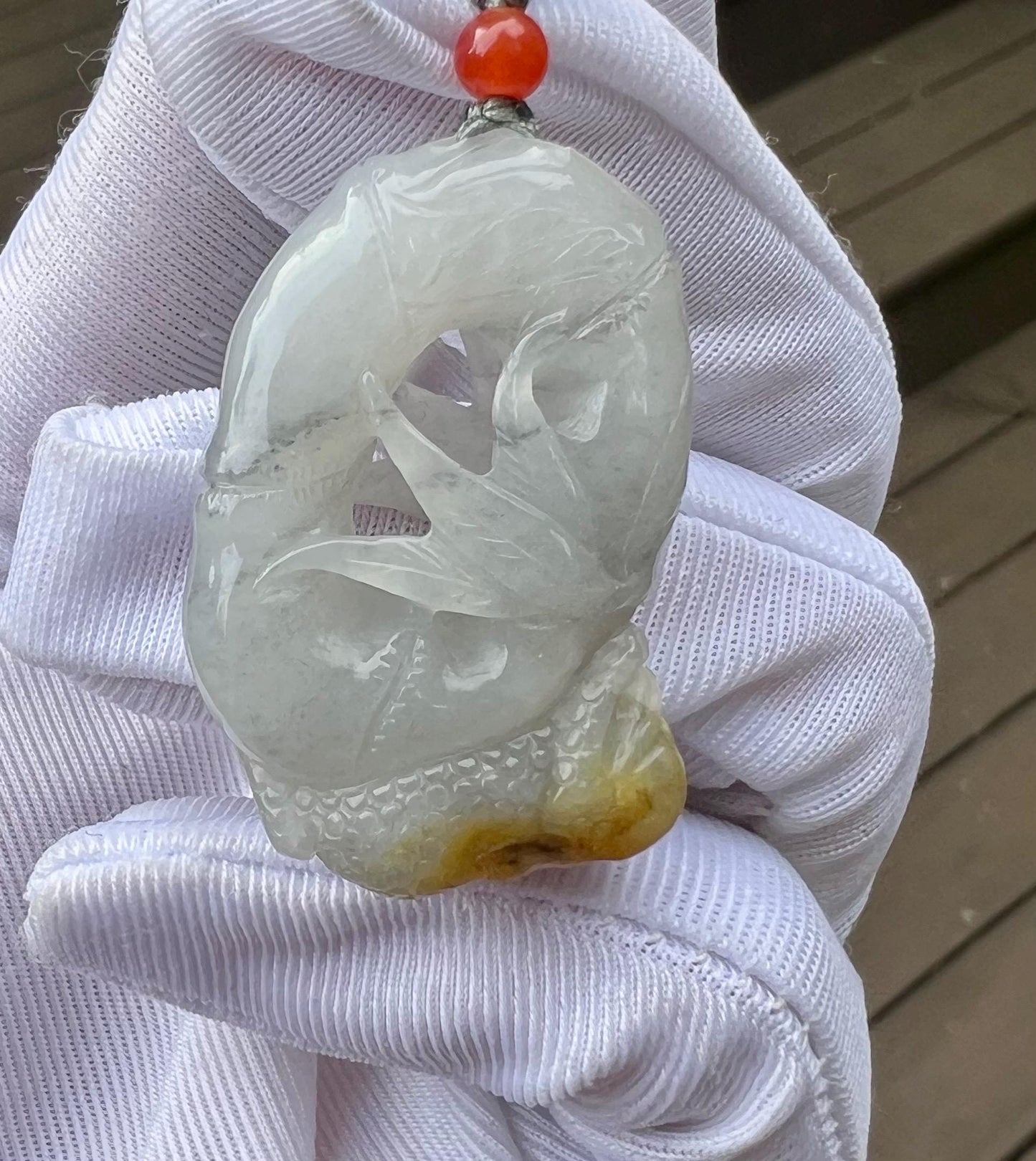 Certified natural jade/ Nephrite pebble carved bamboo and golden toad pendant/natural yellow color/天然软玉 籽料白玉点墨竹节金蟾吊坠 #5413 天然黄沁