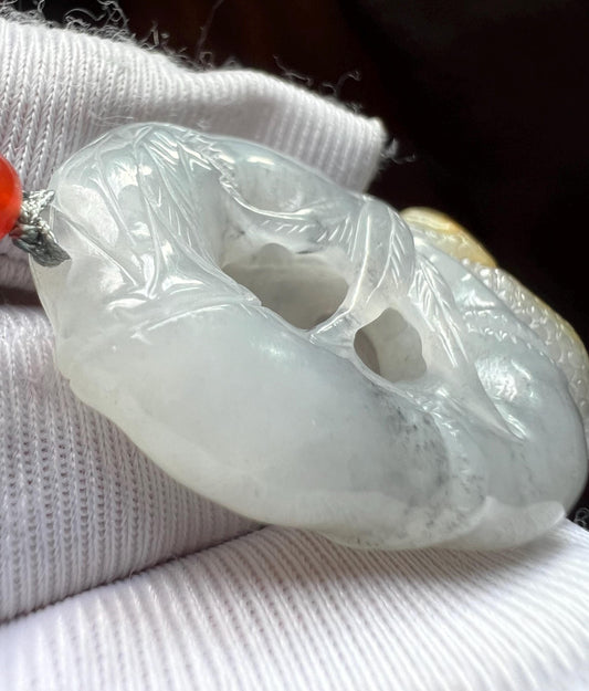 Certified natural jade/ Nephrite pebble carved bamboo and golden toad pendant/natural yellow color/天然软玉 籽料白玉点墨竹节金蟾吊坠 #5413 天然黄沁