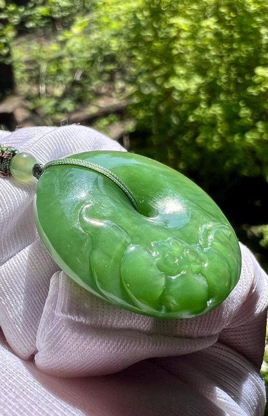 Certified natural nephrite green jade/Siberian green nephrite donut pendant/circle safety pendant/carved lotus flower 天然碧玉 平安扣 雕刻荷花吊坠 #7430 粉绿起莹光