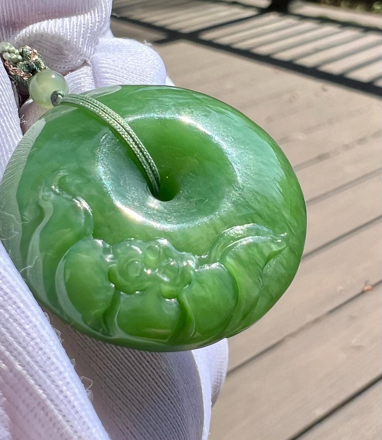 Certified natural nephrite green jade/Siberian green nephrite donut pendant/circle safety pendant/carved lotus flower 天然碧玉 平安扣 雕刻荷花吊坠 #7430 粉绿起莹光