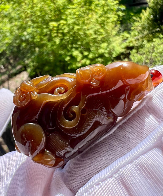 Certified natural jade/ Golden red brown Nephrite carved Monkey and peach pendant/天然精品金山老糖玉 黄金红油糖 吊坠 手把件#0623 灵猴献寿