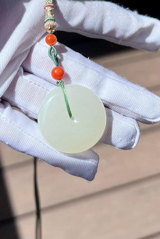 Certified natural Jade/ white nephrite donut pendant necklace/good luck circle/天然老料白玉平安扣#4518 莹润细腻 白月光