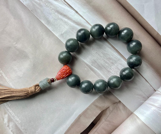 16mm Certified natural jade/black and white nephrite/Ruoqiang Qinghua nephrite beads bracelet 天然 山料青花手串/手持 #0534 搭配南红三通