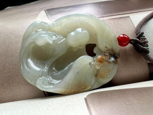 Certified natural jade/Yulong river Nephrite carved Enlightenment pendant/natural skin color/天然软玉 白玉无事牌 吊坠 #5407 无相 悟道 三色原皮