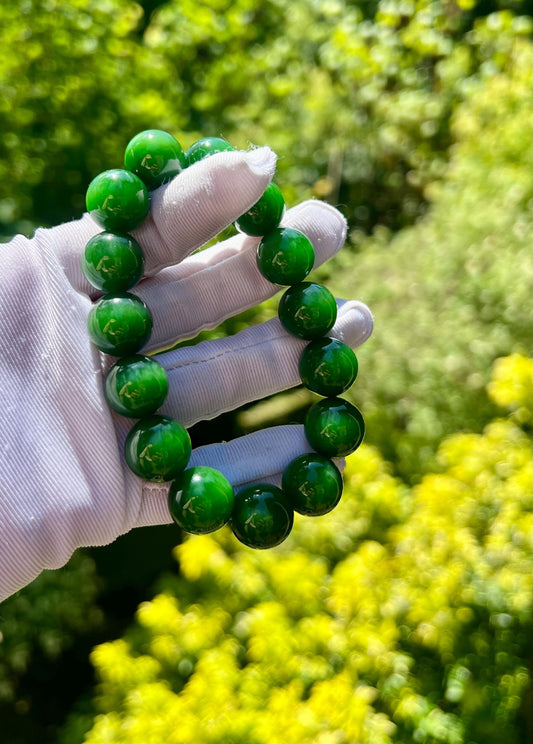 14mm Certified natural nephrite green jade/Siberian green nephrite bracelet /High chroma spicy bright green 天然精品碧玉手串  辣绿 色标绿 高色#2200