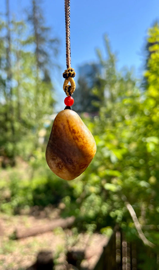 Certified natural jade/ raw stone Nephrite pendant/natural pear skin/ 天然软玉 玉龙籽料原石吊坠/手把件 #4212 秋梨皮 天然无修