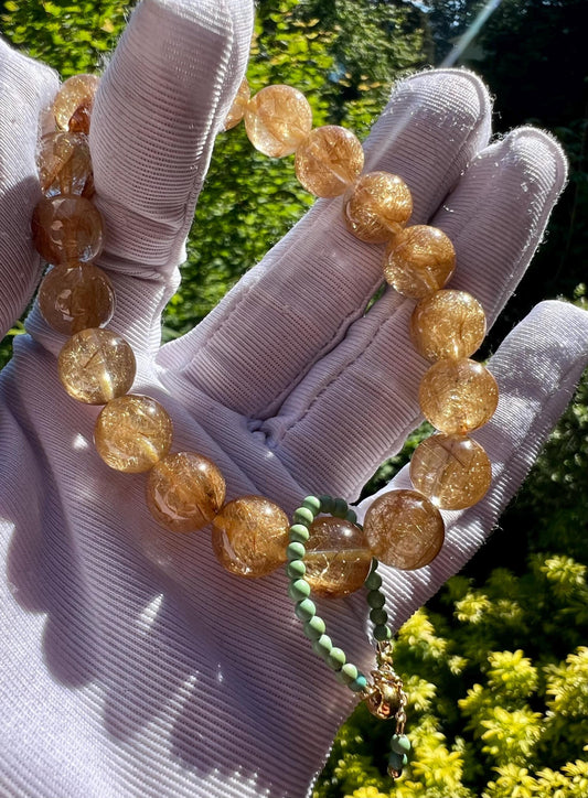 9.8mm+ Natural golden rutilated quartz bracelet, Golden Devil hair Rutilated Quartz, 天然 透体金发晶手串 魔鬼发/撒金维纳斯发晶#8728 净体满发