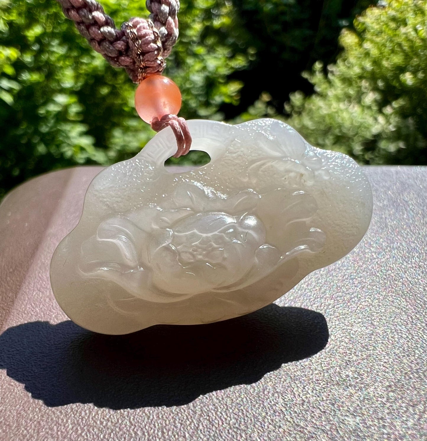 Certified natural jade/ Qinghai pinkish purple nephrite carved lotus pendant/matte finish nephrite Ruyi safety lock天然软玉 青海老料粉紫色 雕刻荷花 平安如意锁#1602