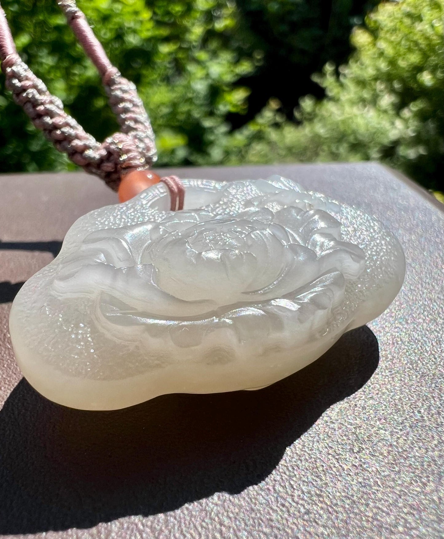 Certified natural jade/ Qinghai pinkish purple nephrite carved lotus pendant/matte finish nephrite Ruyi safety lock天然软玉 青海老料粉紫色 雕刻荷花 平安如意锁#1602