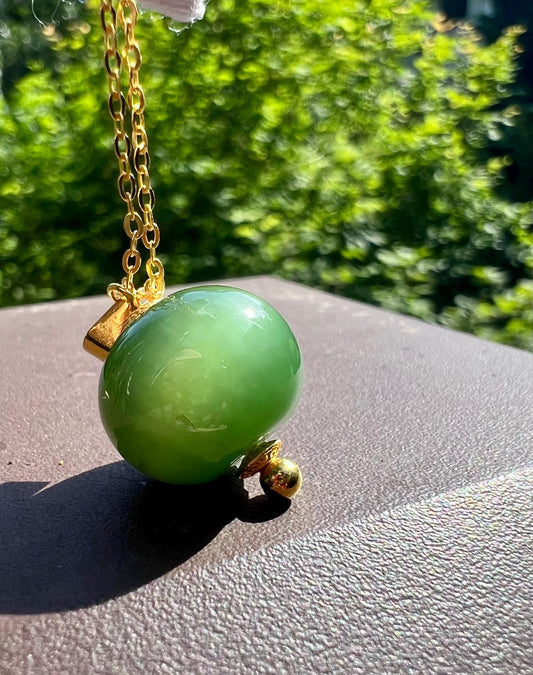 Certified natural nephrite green jade/Siberian chatoyant green Nephrite apple bead/lucky bead pendant/ S925 天然碧玉 猫眼粉青 苹果珠 转运珠  #7465