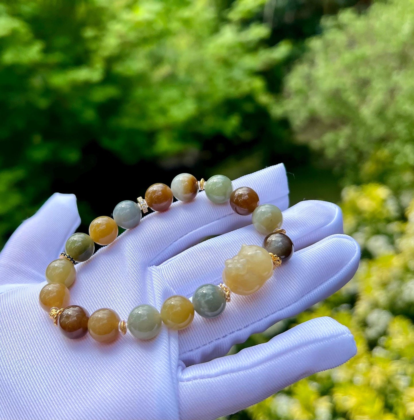 10mm Certified natural jade /Brown Qinghua blue multi color nephrite bracelet天然楼兰三色手串 糖玉青花蓝青玉 油熟细糯#7170 搭配糖白趴趴猫