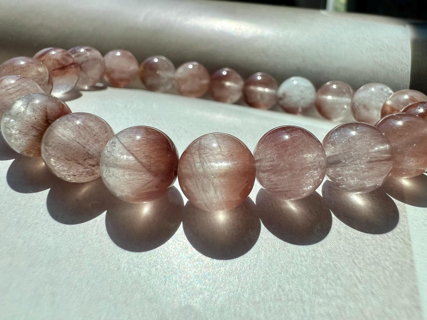 9～9.3mm Certified natural purple pink Rabbit Hair Rutilated quartz bracelet 天然紫粉兔毛水晶手串#0214 豆沙粉 顺发聚宝盆