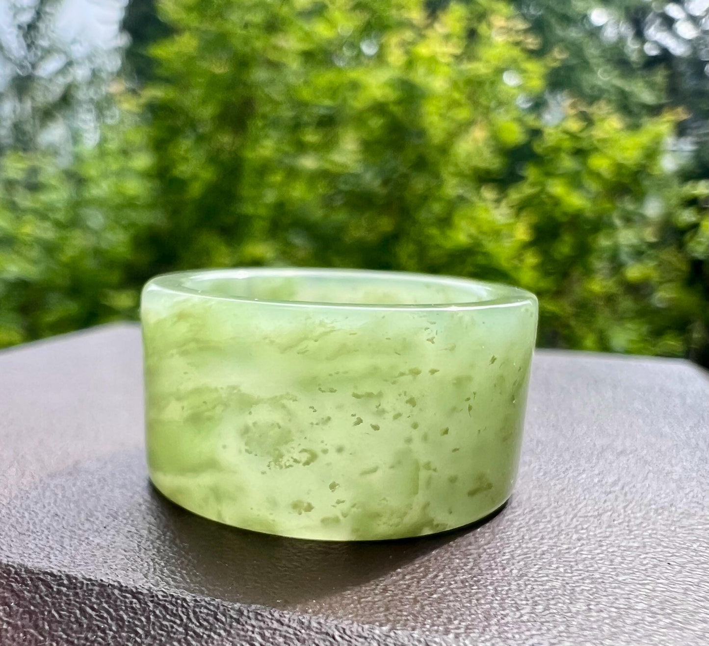 18.9mm Certified natural jade/ Qinghai Emerald Green Nephrite ring /straight cut lucky band ring 天然青海翠青玉 直切指环 扳指 戒圈#0767  US size8.2