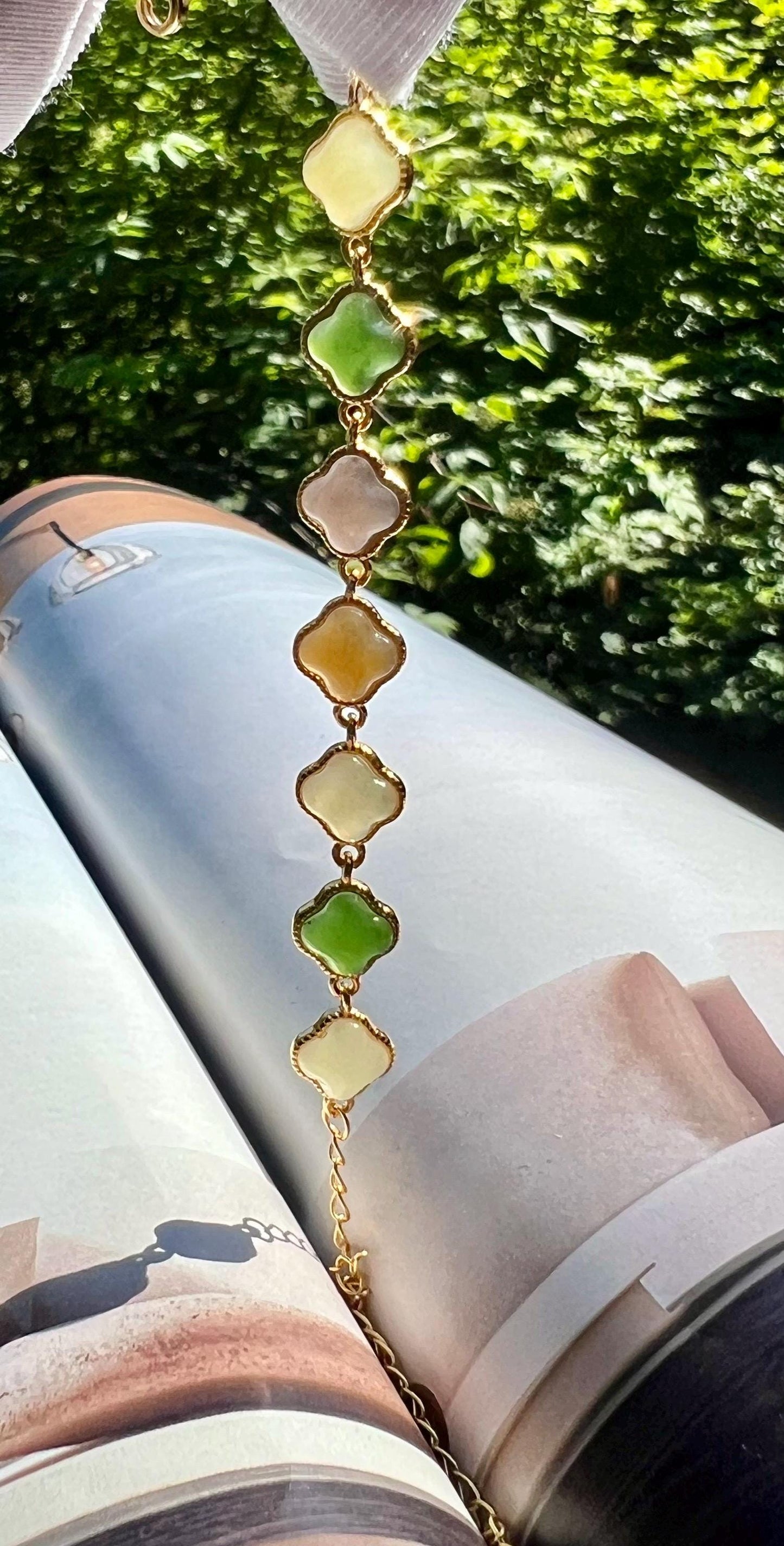 Certified natural Jade/multi color nephrite four leaf clover bracelet /green purple yellow nephrite inlaid S925 天然  碧玉糖玉黄玉烟紫 纯银多宝手链#0341