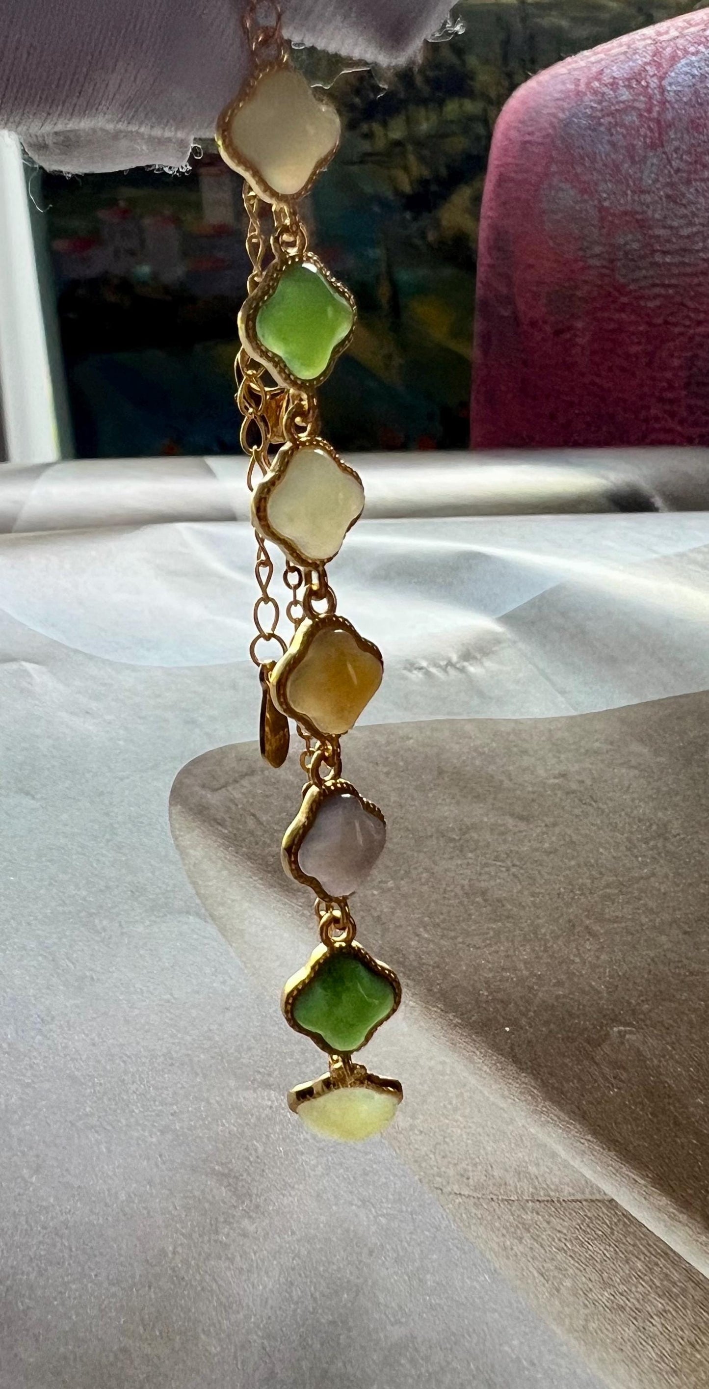 Certified natural Jade/multi color nephrite four leaf clover bracelet /green purple yellow nephrite inlaid S925 天然  碧玉糖玉黄玉烟紫 纯银多宝手链#0341
