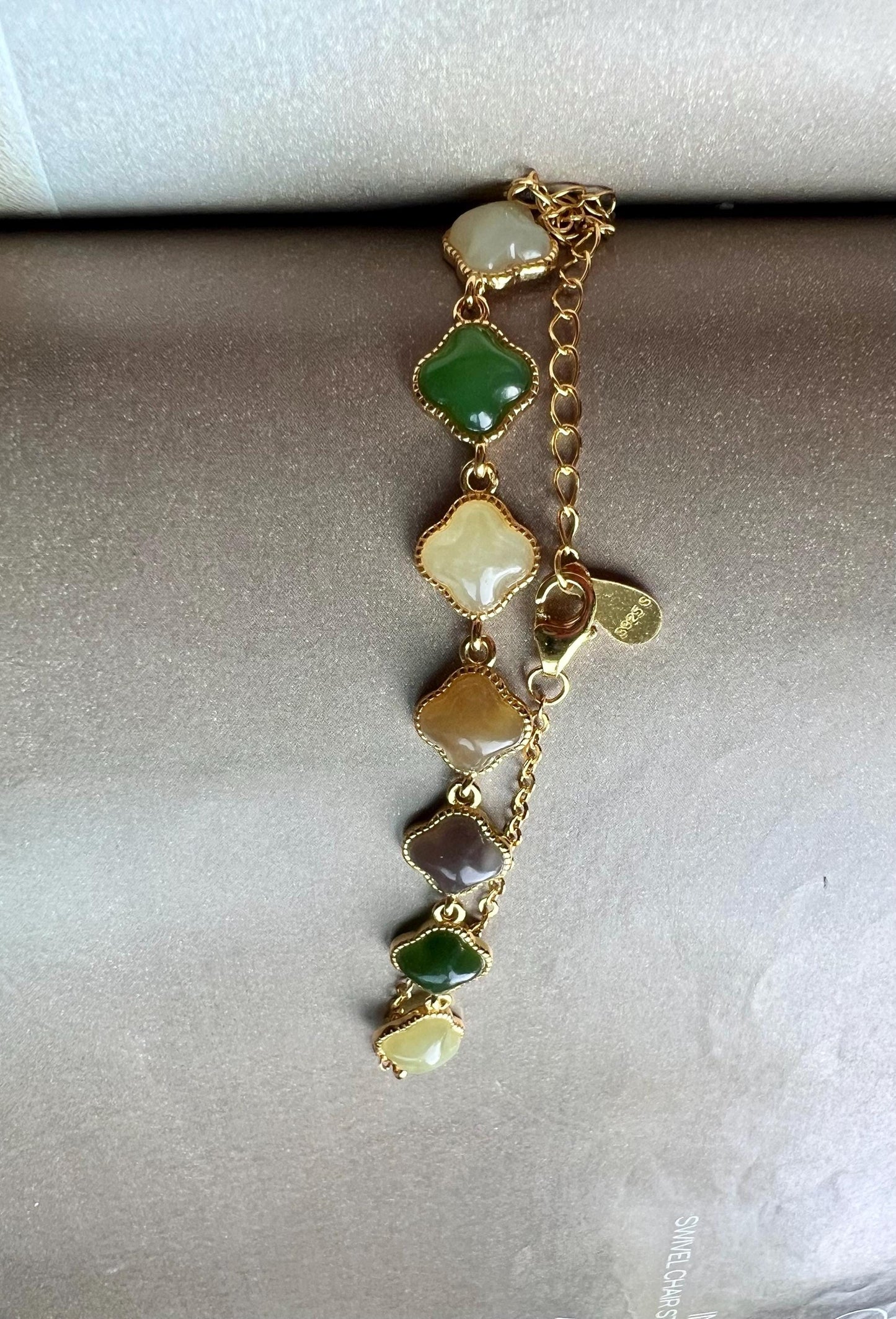 Certified natural Jade/multi color nephrite four leaf clover bracelet /green purple yellow nephrite inlaid S925 天然  碧玉糖玉黄玉烟紫 纯银多宝手链#0341