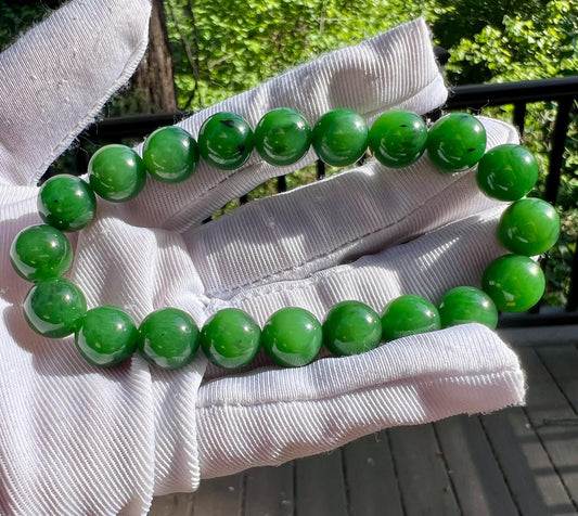 9.9mm Certified natural nephrite green jade/Siberian green nephrite bracelet /rich bright green/old mine nephrite 天然老俄料碧玉手串  浓阳绿 色标绿#4176