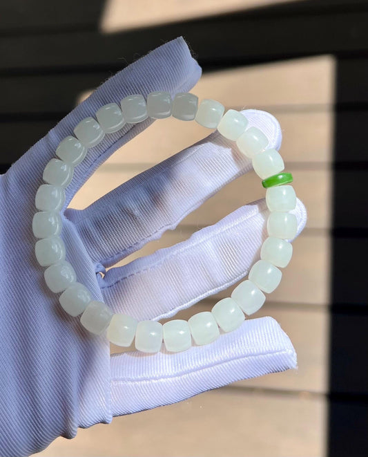 8*7mm Certified natural  jade/oily white Nephrite bracelet/straight cut beads/soft matte finish 天然软玉 白玉手串 极限弧精工直切老型珠 老料白玉 柔亮光#3494  碧玉隔珠