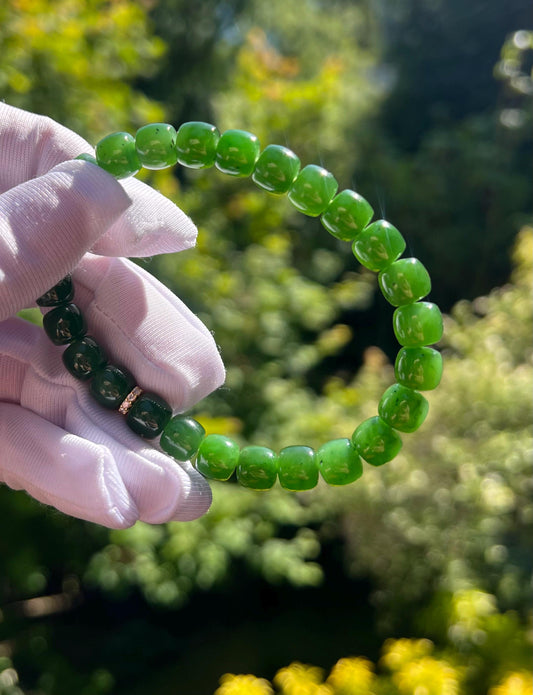 8*7mm Certified natural nephrite green jade /Siberian Green nephrite bracelet /rich green/straight cut beads天然碧玉 手串 辣阳绿 直切珠极限弧手串 #1733