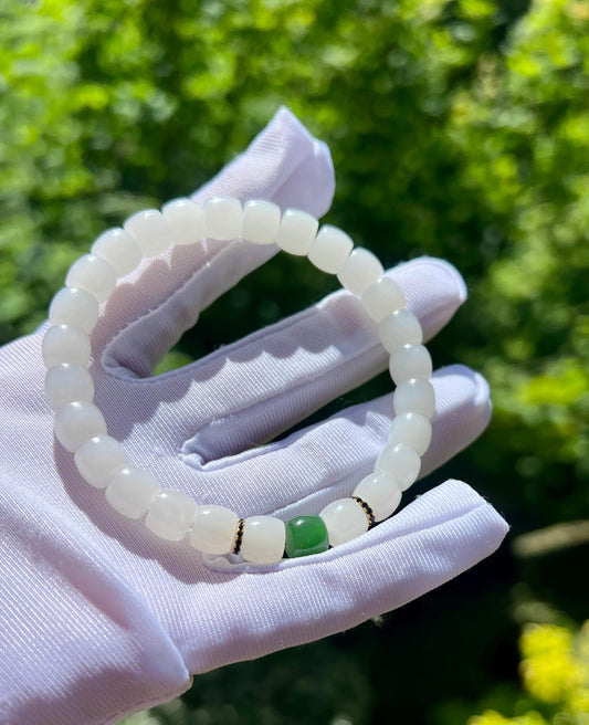 8*7mm Certified natural jade  Qinghai white Nephrite bracelet/straight cut/天然青海老料白玉 直切老型珠手串  油糯白润 #3631 搭配碧玉直切珠