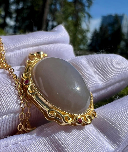 Certified natural Qinghai nephrite oval pendant /purple nephrite pendant Inlaid sterling silver/necklace 天然软玉 青海烟紫蛋面吊坠 纯银镶嵌#1063丁香紫